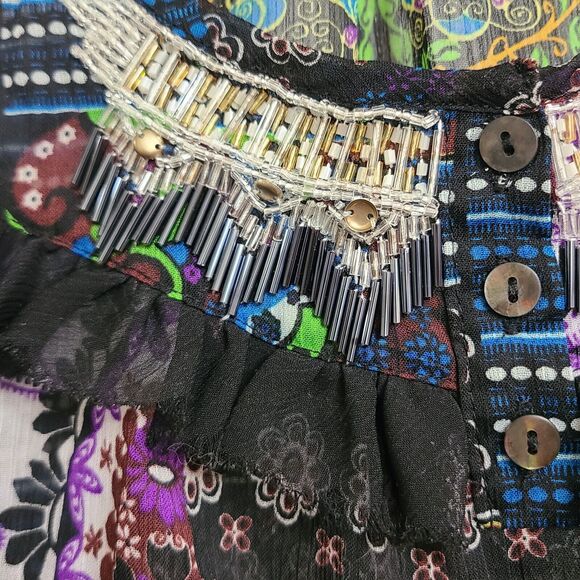 One World Sheer Boho Top Paisley Floral Patchwork Print Beaded Ruffles Size L - Picture 3 of 10